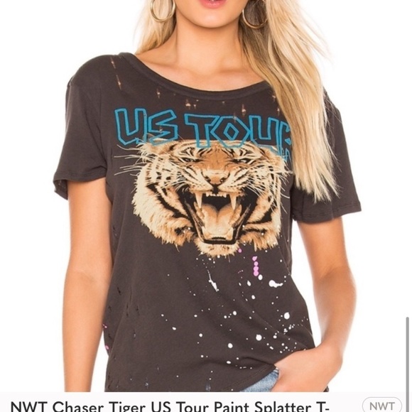 CHASER US tour tiger graphic paint splatter T-shirt short sleeve neon medium new - Picture 7 of 7